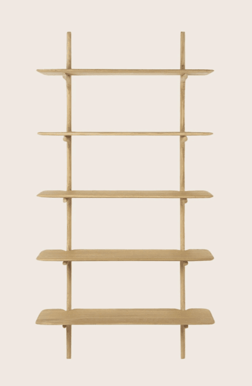 A minimalist, wall-mounted shelving unit featuring five graduated shelves made from light-toned natural wood, supported by a simple ladder-style frame. — 3D model