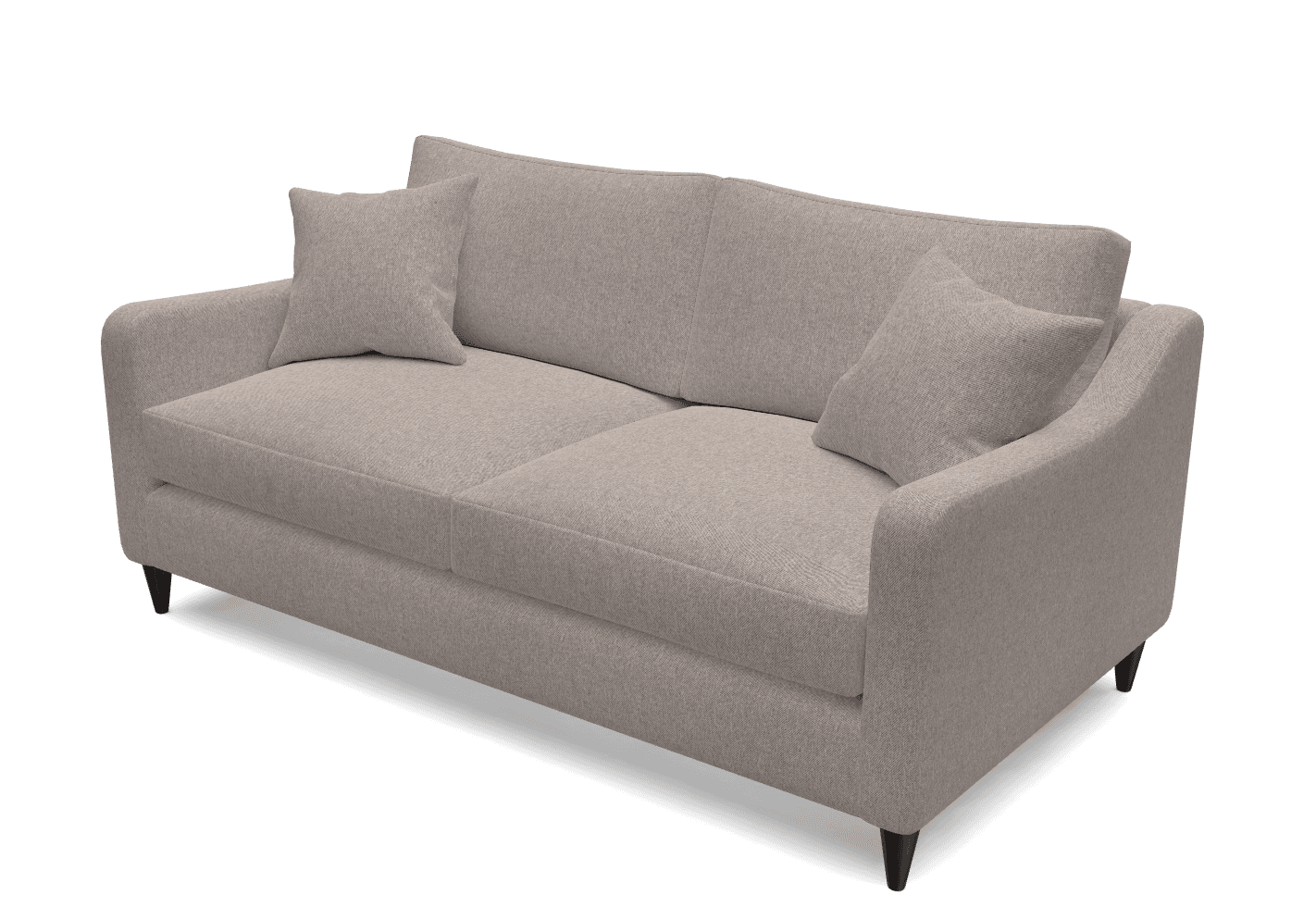 A three-seater sofa with a light gray textured fabric upholstery. It features clean lines, a low-profile back, and tapered arms. Two square throw pillows in the same fabric are placed on the sofa. The sofa is supported by four dark, short, tapered legs. — 3D model