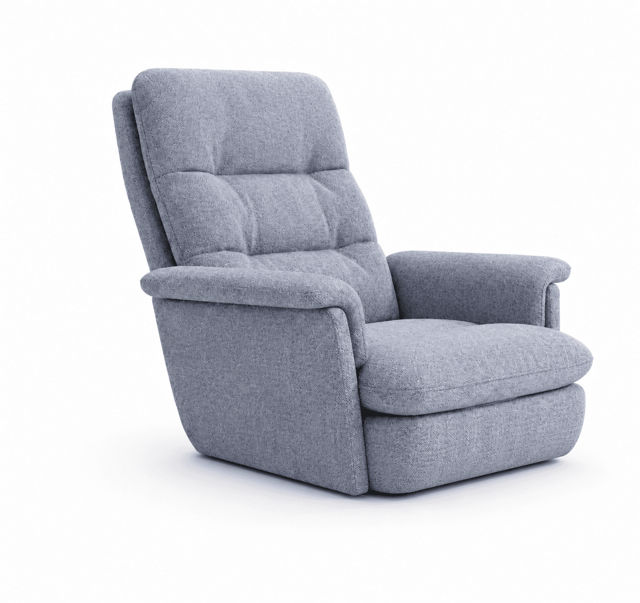 A light blue upholstered recliner chair with a high back and plush, segmented padding. The chair features rolled armrests and a wide, cushioned seat. The backrest shows three distinct horizontal tufted sections, providing ergonomic support. The base of the chair is fully upholstered, concealing any mechanical components and giving it a streamlined appearance. The fabric appears to be a durable woven textile. — 3D model