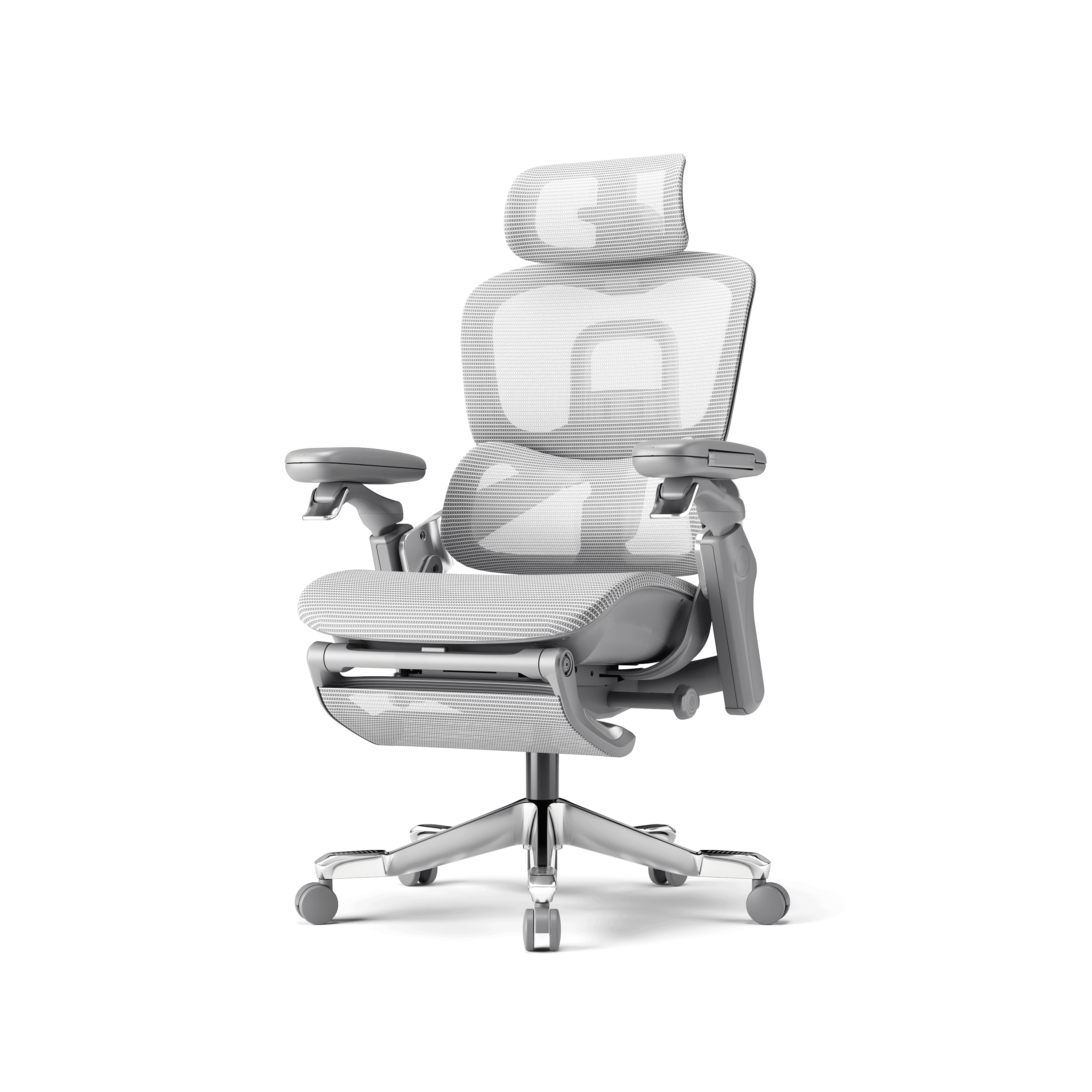 An ergonomic office chair with a high back, adjustable headrest, padded armrests, and a mesh seat and back. The chair features a five-star base with casters for mobility and a gas lift mechanism for height adjustment. — 3D model