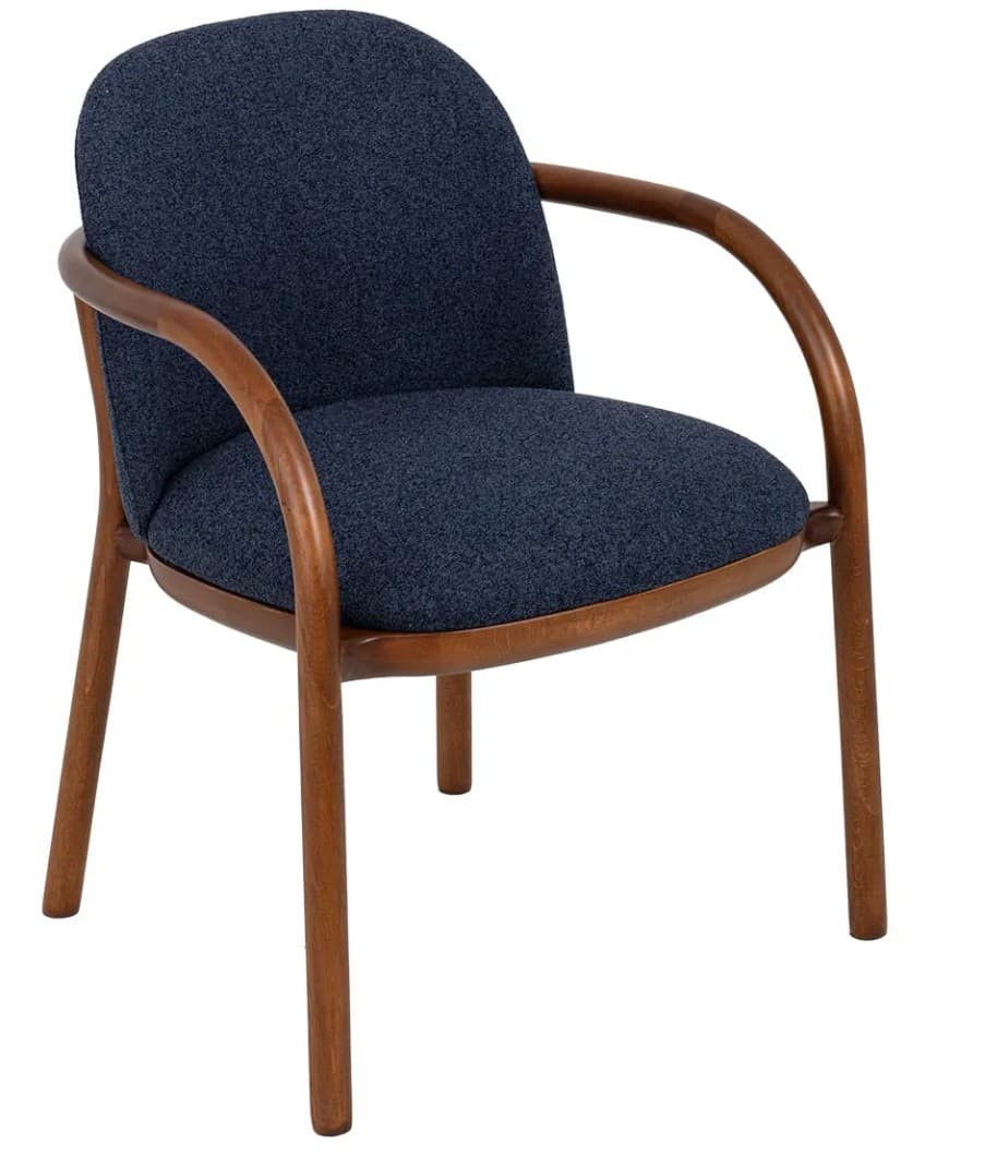 An upholstered armchair featuring a solid wood frame with curved armrests and straight, tapered legs. The seat and back are padded and upholstered in a dark blue, textured fabric. The backrest is gently curved, providing ergonomic support, and the armrests flow smoothly from the top of the back down to the front of the seat. The wood has a warm, medium brown finish, highlighting its natural grain. — 3D model