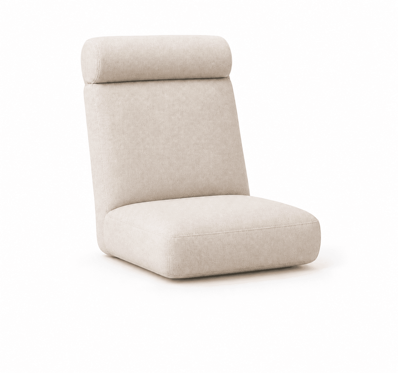 A low-profile, single-person seating unit, fully upholstered in a light beige, subtly textured fabric. It features a deep seat and a tall backrest, topped with a cylindrical, integrated headrest. The base is minimalistic, sitting directly on the floor, giving it a modern, casual aesthetic. The design is armless and emphasizes comfort and simplicity. — 3D model