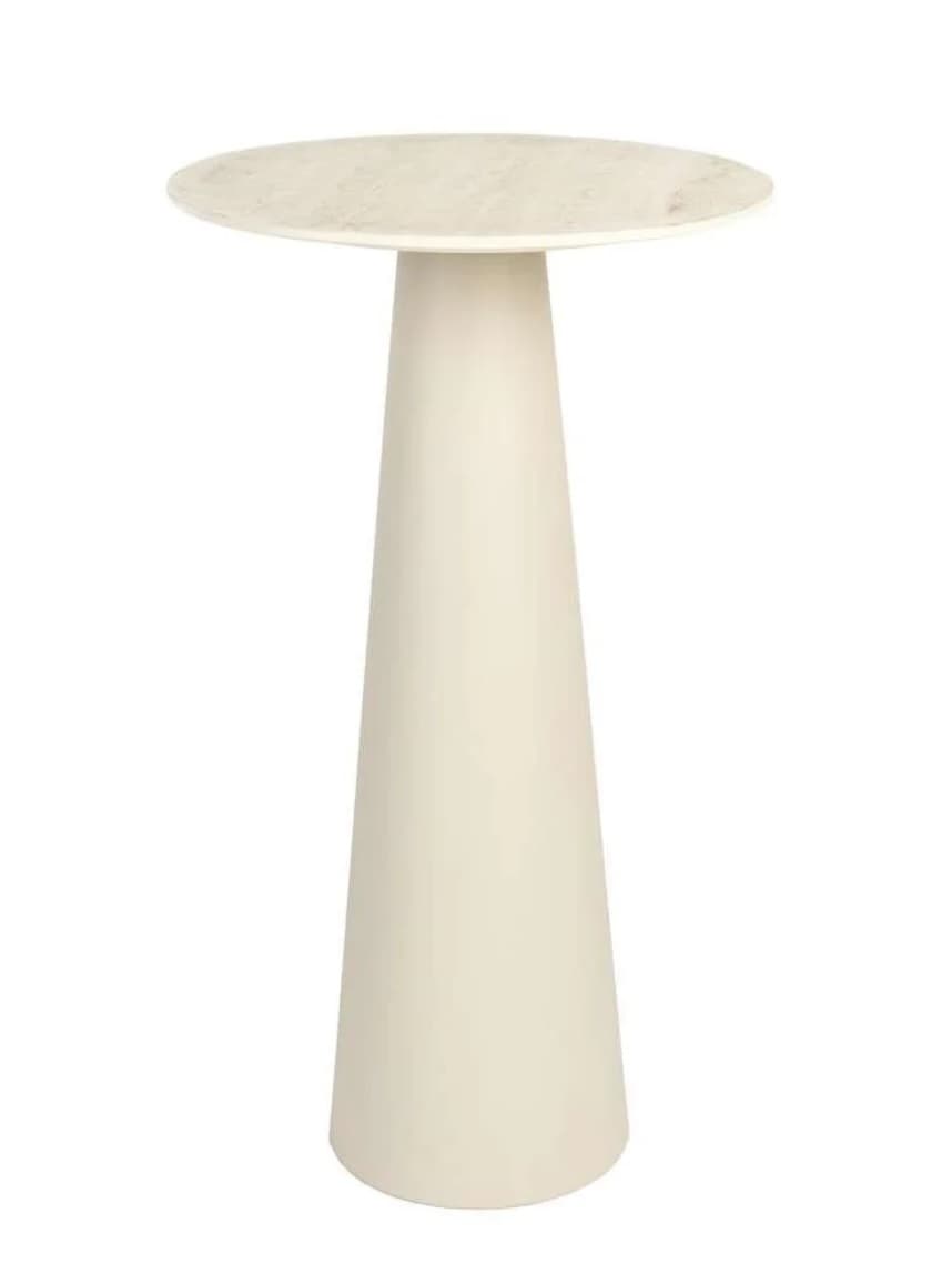 A contemporary pedestal accent table featuring a round, light-colored marble top and a tapered, solid cream-colored base. The design is minimalist and sculptural, providing a stable and stylish surface. — 3D model