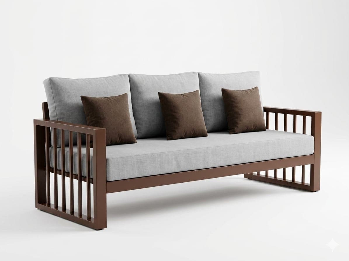 A contemporary three-seater sofa featuring a robust dark brown wooden frame with an open, slatted design on the sides and back. It is furnished with three light grey fabric seat cushions and three matching back cushions, accompanied by three smaller dark brown accent pillows. The sofa has a clean, geometric silhouette. — 3D model