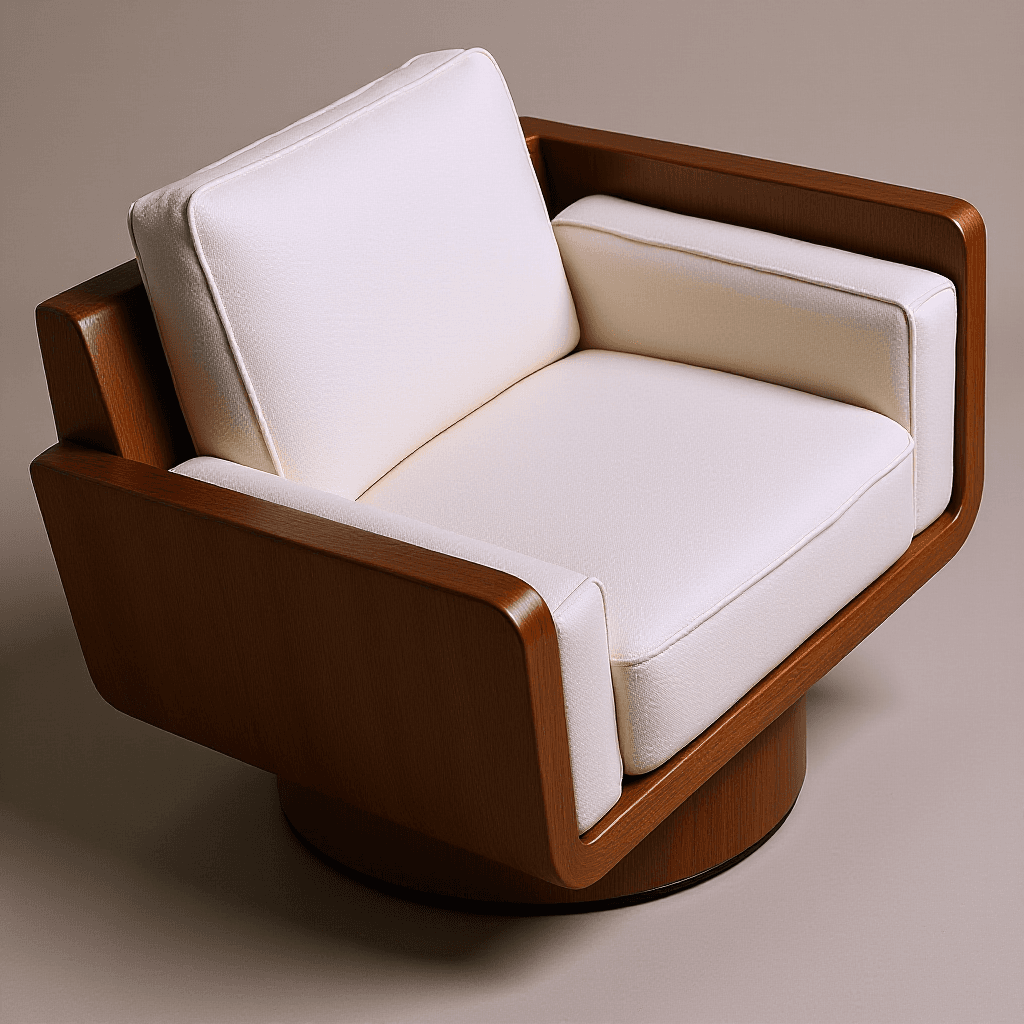 A contemporary armchair featuring a wooden frame and upholstered cushions. The frame has a distinctive curved, angular design with a rich, dark wood finish. The seat and back cushions are upholstered in a light-colored fabric, possibly leather or a synthetic blend, and appear to be plush and comfortable. The chair is mounted on a circular, rotating base, also made of wood. — 3D model