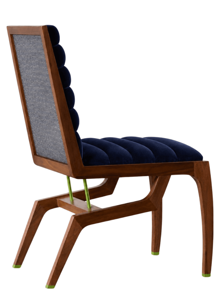A modern accent chair with a wooden frame, featuring a deep navy blue upholstered seat and backrest. The backrest has a channeled design, and the back panel is covered in a textured blue fabric. The chair has distinctive angled wooden legs with lime green accents at the base, and two lime green metal supports connecting the seat frame to the back structure. — 3D model