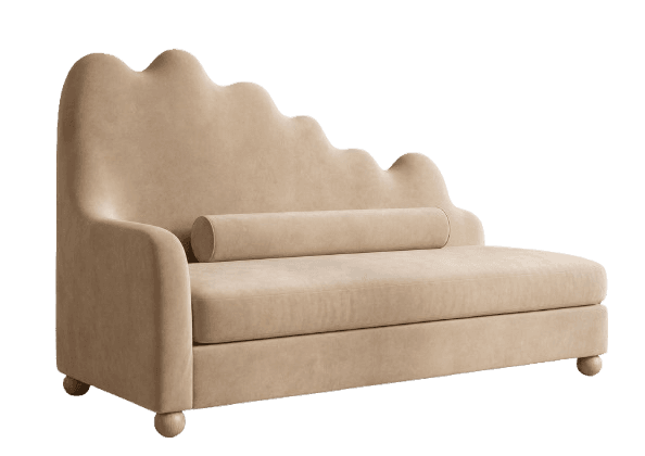 A contemporary chaise lounge featuring a distinctive scalloped or wavy backrest, upholstered in a soft, light beige velvet-like fabric. It has a single low armrest on the left side (from the viewer's perspective) and includes a matching cylindrical bolster pillow. The entire piece rests on four small, spherical wooden feet. — 3D model