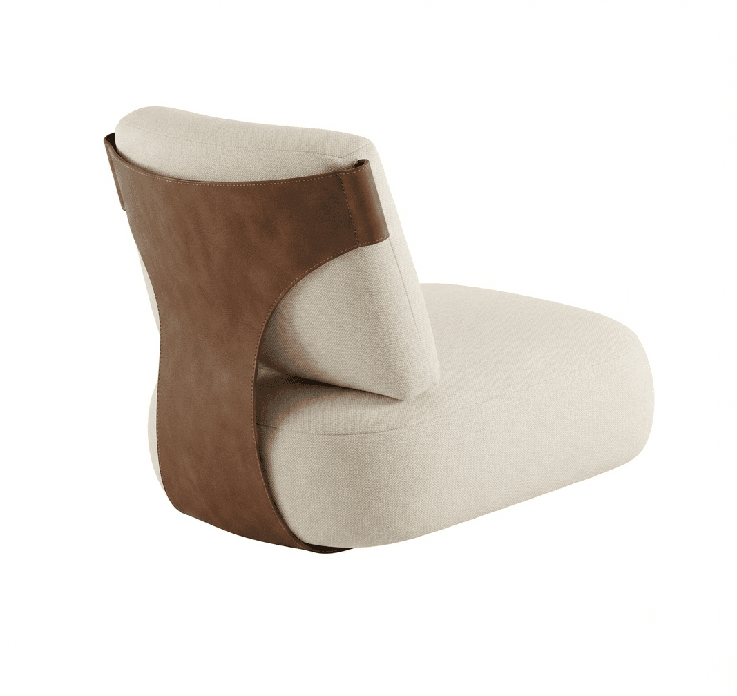 A contemporary armless lounge chair featuring a light beige textured fabric upholstery and a distinctive dark brown leather strap forming the back support, wrapping around the body of the chair. — 3D model