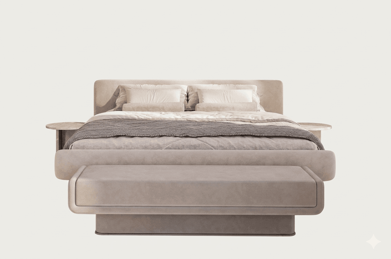 A modern upholstered bed with a low-profile frame and a tall, integrated headboard. The bed features soft, rounded edges and is adorned with multiple pillows and a textured throw blanket. A matching upholstered bench with a similar layered base sits at the foot of the bed. Small, rounded side tables are integrated into the sides of the headboard. — 3D model