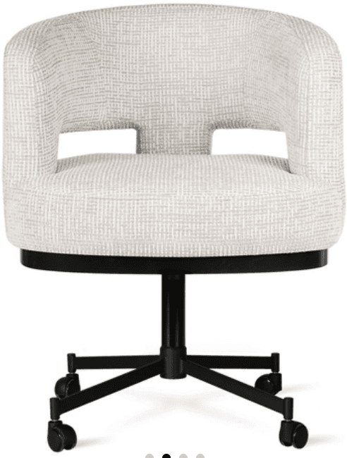 An upholstered swivel desk chair featuring a curved back with distinctive cutouts, a comfortable seat, and a black five-star base with casters for mobility. — 3D model