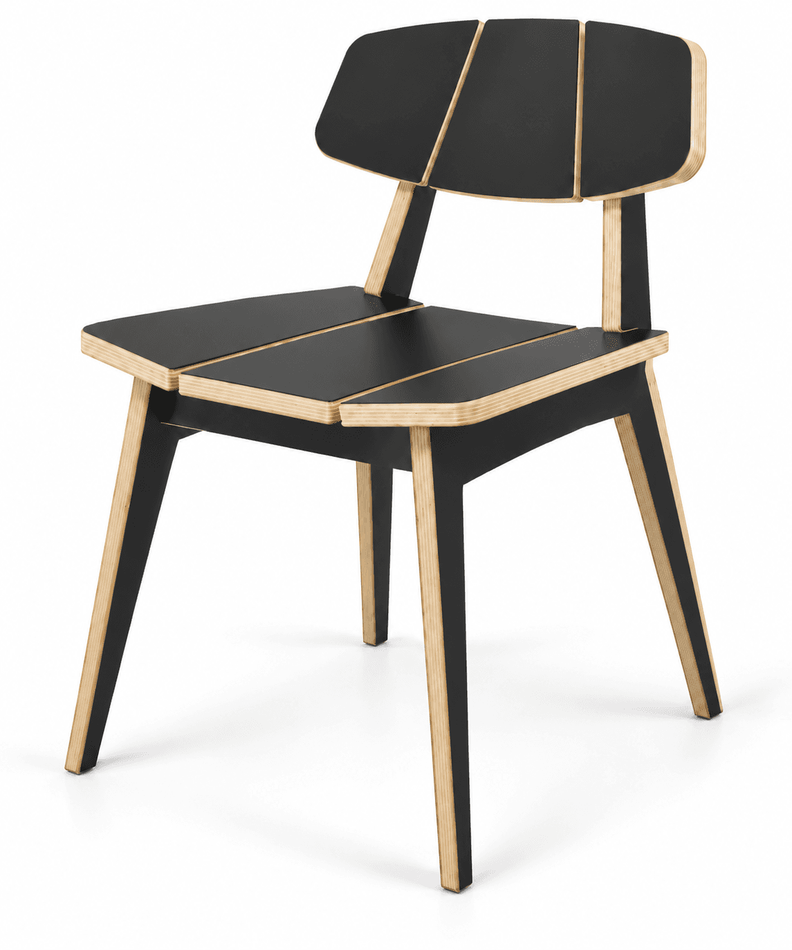 A contemporary dining chair constructed from plywood, featuring a black laminated finish on its surfaces and exposed natural wood edges. The design includes a slatted seat and a segmented backrest, supported by four angled legs. — 3D model