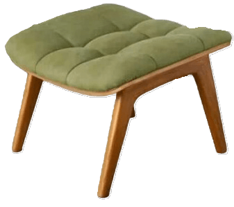 A small, upholstered ottoman with a tufted seat and a wooden frame. The ottoman features four angled wooden legs and a curved wooden base that supports the seat. — 3D model