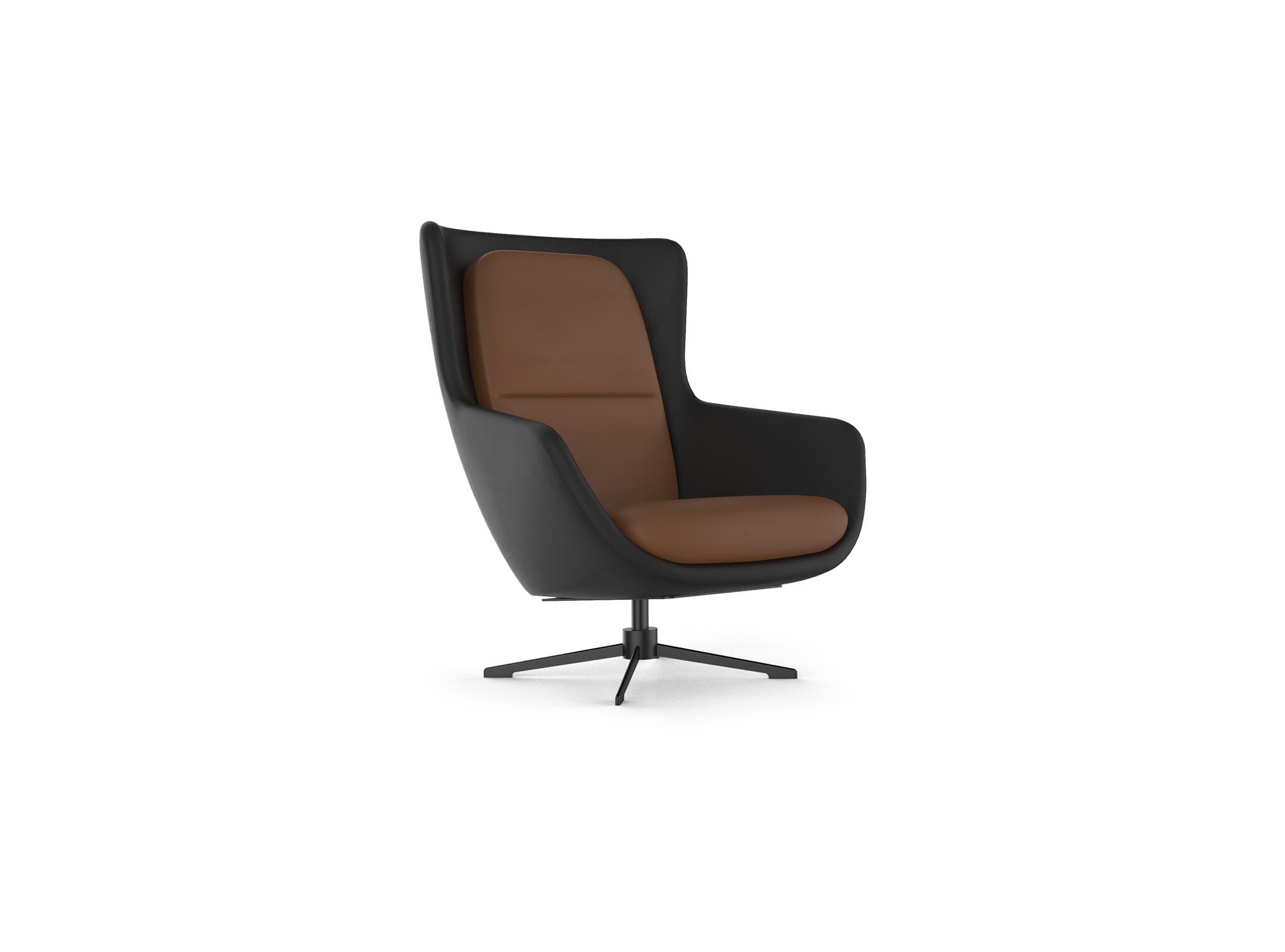 A modern lounge chair with a high back and armrests. The exterior shell is matte black, while the interior upholstery on the seat, back, and armrests is a warm brown, possibly leather or a similar material. It is mounted on a black, four-pronged swivel base. — 3D model