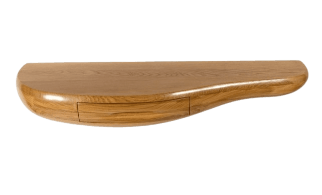 A sleek, organic-shaped floating console shelf crafted from light-colored wood, featuring a single, seamlessly integrated drawer. The shelf has a fluid, kidney-bean-like form with smooth, rounded edges, suggesting a modern or organic design aesthetic. It is designed to be wall-mounted, providing a functional surface without occupying floor space. — 3D model