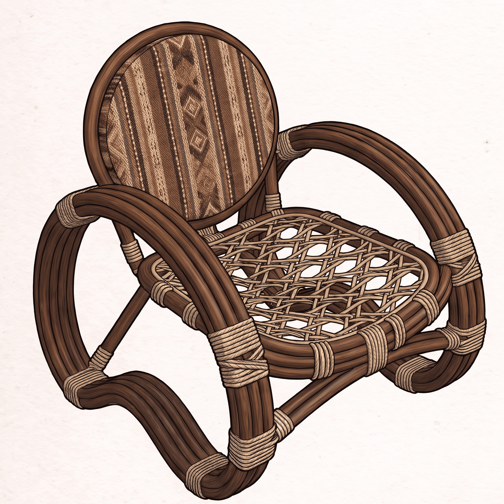 A small, lightweight chair constructed from curved rattan or wicker, featuring an intricately woven seat and a round, upholstered backrest with a geometric patterned fabric. The frame consists of bent, dark brown rattan poles, secured by lighter-colored rope or cord bindings, forming integrated armrests and a distinctive silhouette. — 3D model