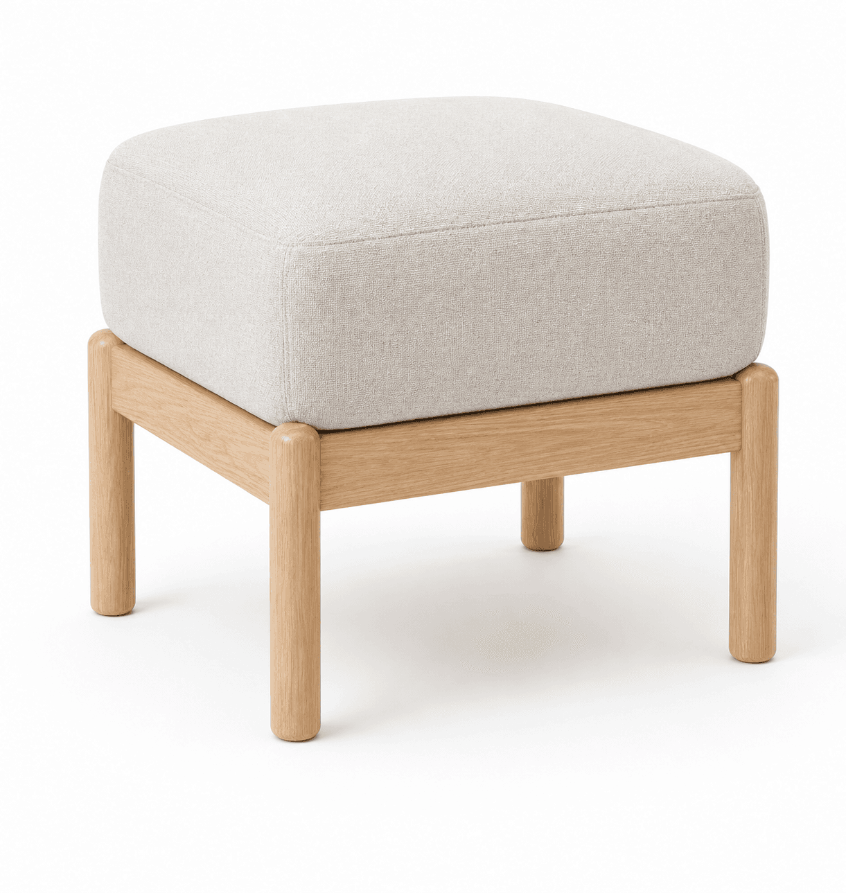 A square ottoman with a cushioned top upholstered in a light-colored, textured fabric. The base is constructed from four cylindrical wooden legs connected by a rectilinear wooden frame. The design is minimalist and modern. — 3D model