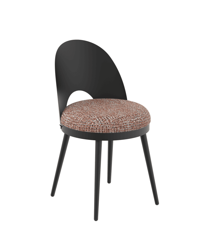 A modern chair with a distinctive design. It features a black, curved, semi-circular backrest with a circular cutout. The seat is upholstered in a textured fabric with a speckled pattern of brown, white, and orange threads. The chair stands on four slender, black legs that are angled outwards. — 3D model