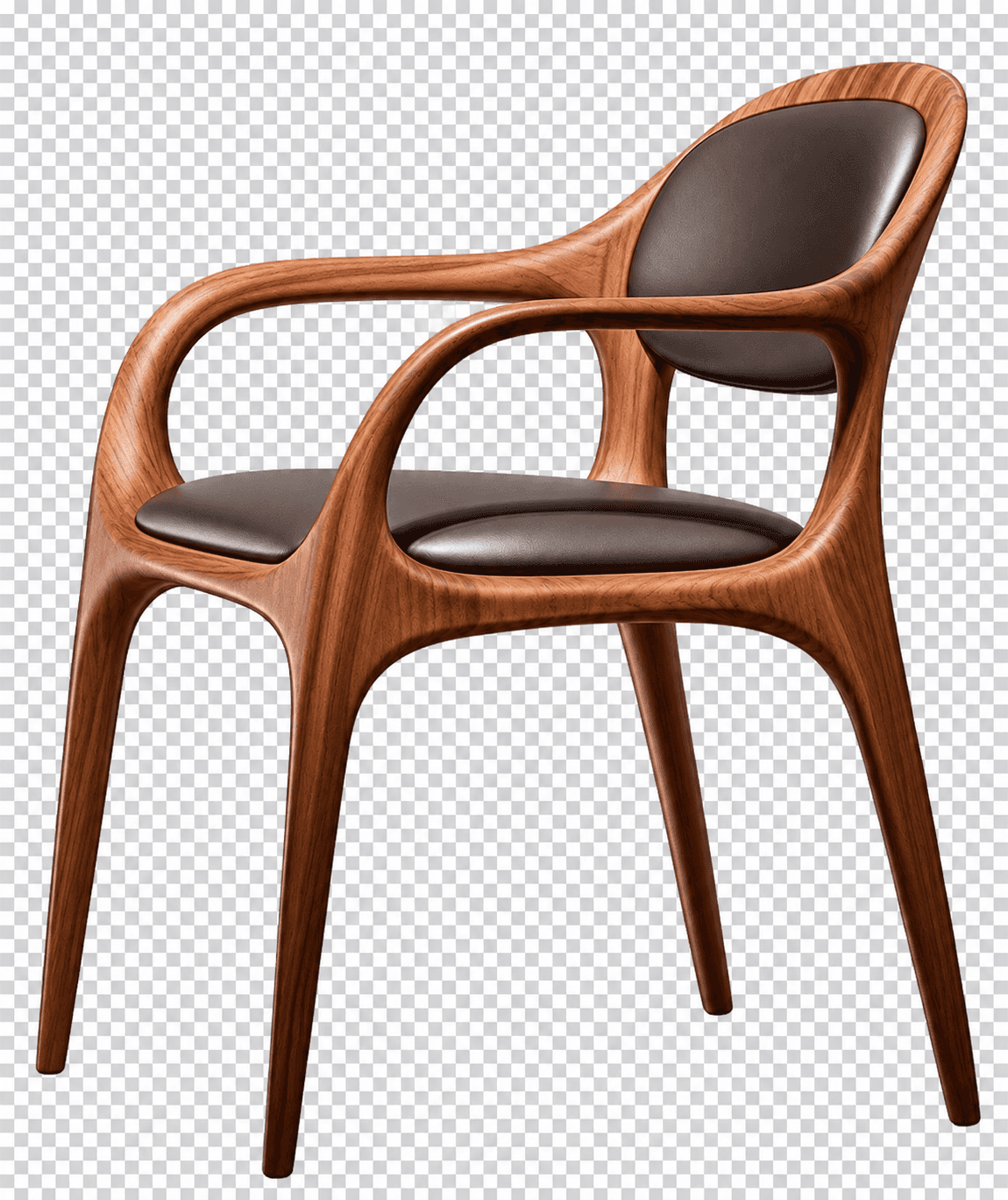 A modern armchair featuring a sculpted, bentwood frame in a rich, dark brown wood tone, likely walnut. The frame forms the backrest, armrests, and legs in a continuous, fluid design. The seat and backrest are upholstered with dark brown leatherette cushions, seamlessly integrated into the wooden structure. The legs are slender and tapered, contributing to the chair's elegant and contemporary appearance. — 3D model