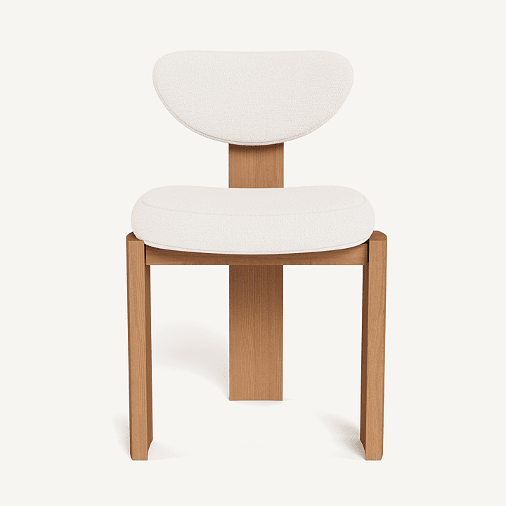 A modern chair with a wooden frame and upholstered seat and backrest. The frame consists of four legs, two front and two back, connected by a horizontal support. A vertical wooden piece extends upwards from the horizontal support to hold the backrest. The seat and backrest are curved and upholstered in a textured, off-white fabric. — 3D model