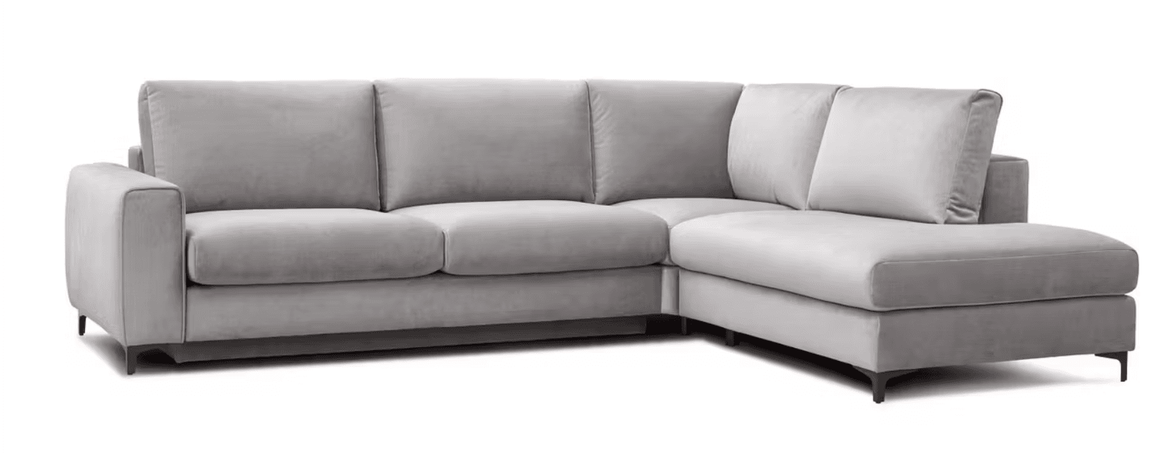 A contemporary L-shaped sectional sofa upholstered in light grey velvet fabric. It features clean lines, square arms, and loose seat and back cushions, supported by minimalist dark metal legs. The configuration includes a right-hand facing chaise lounge. — 3D model