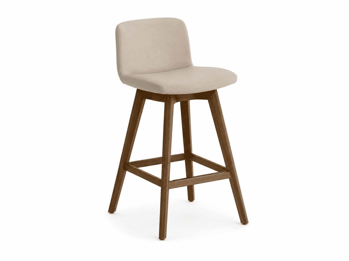 A contemporary bar stool featuring a padded, upholstered seat and a slightly curved backrest, supported by a four-legged wooden base with integrated footrests. The upholstery is a light, neutral beige fabric, complementing the medium brown tone of the solid wood legs. — 3D model