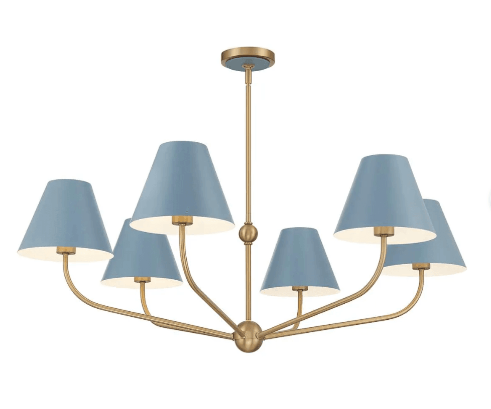 A modern six-light chandelier featuring a satin brass-finished metal frame and six individual conical shades made of blue fabric. The central stem descends from a circular canopy, branching out into six curved arms that each hold a light socket and an upward-facing blue shade. — 3D model