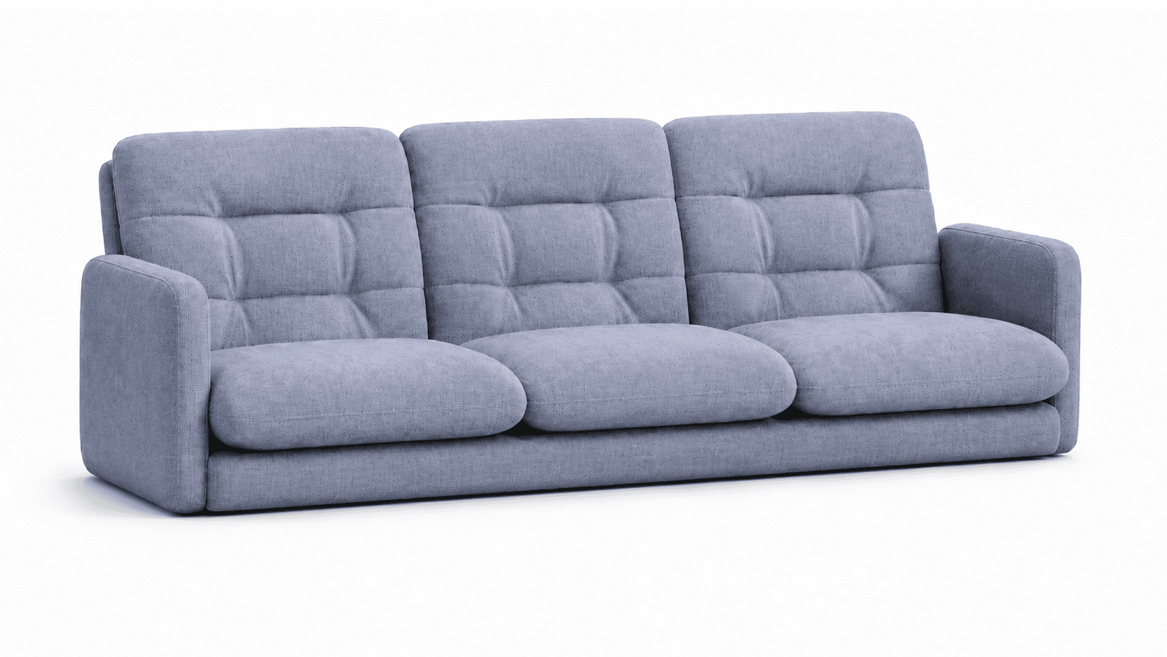 A contemporary three-seater sofa upholstered in a light blue-gray woven fabric. It features three individual seat cushions and three distinct back cushions, each with vertical tufting creating a segmented appearance. The arms are rounded track arms, blending smoothly into the sofa's base. The overall design is clean and blocky, offering a modern casual aesthetic. — 3D model
