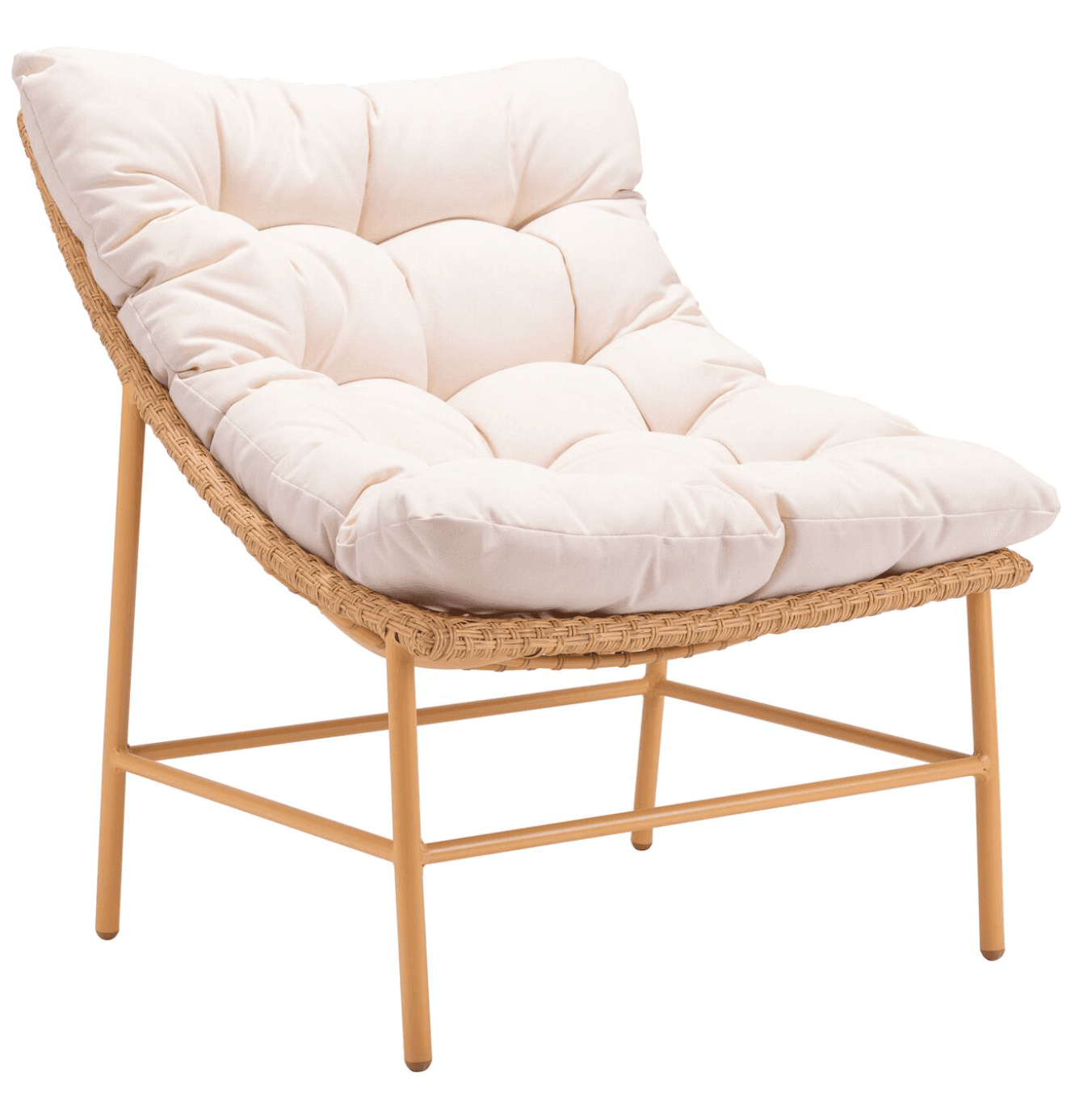 A modern lounge chair featuring a low-slung profile, constructed with a light-colored metal frame and a woven body. It is topped with a thick, deeply tufted, cream-colored cushion. — 3D model