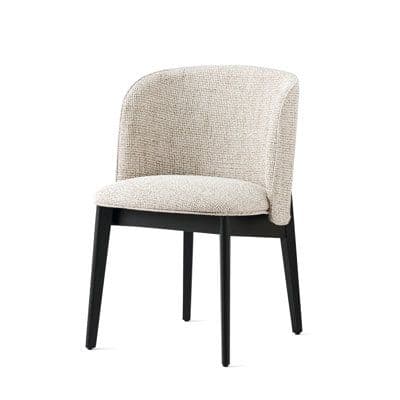 An upholstered dining armchair featuring a rounded backrest that seamlessly integrates into subtle armrests, all covered in a subtly textured, light-colored fabric. The chair is supported by four slender, tapered dark wood legs. — 3D model