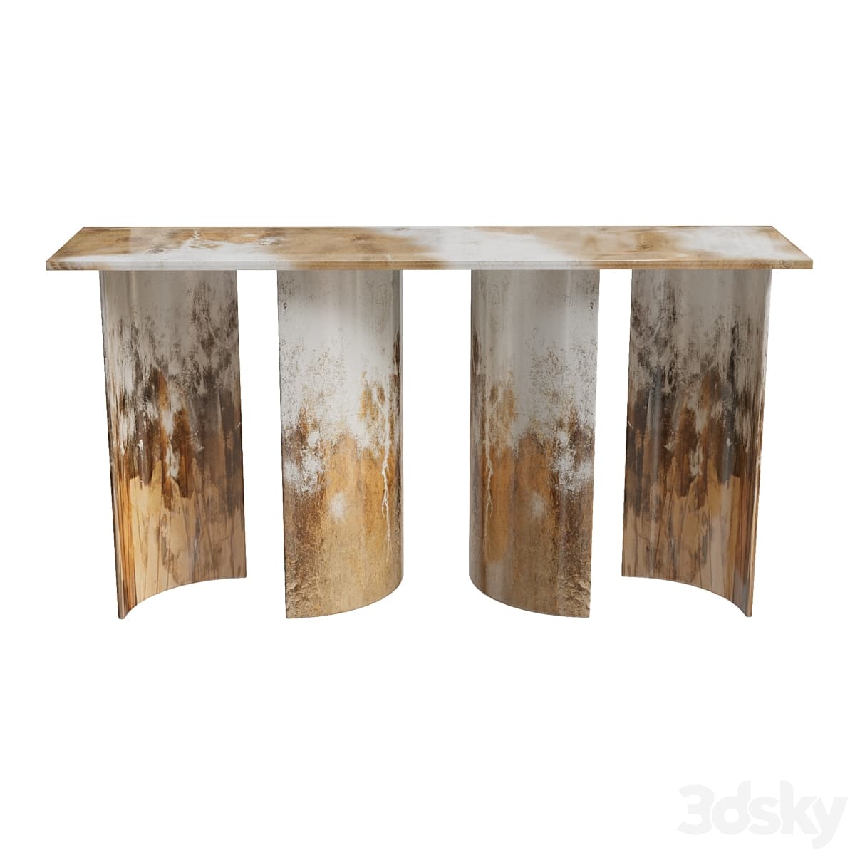 A console table with a rectangular top and four curved, cylindrical legs. The legs have a textured, distressed finish that resembles aged wood or stone, with earthy tones of brown, white, and beige. The tabletop has a similar marbled or wood-grain pattern, blending white, beige, and brown hues. — 3D model