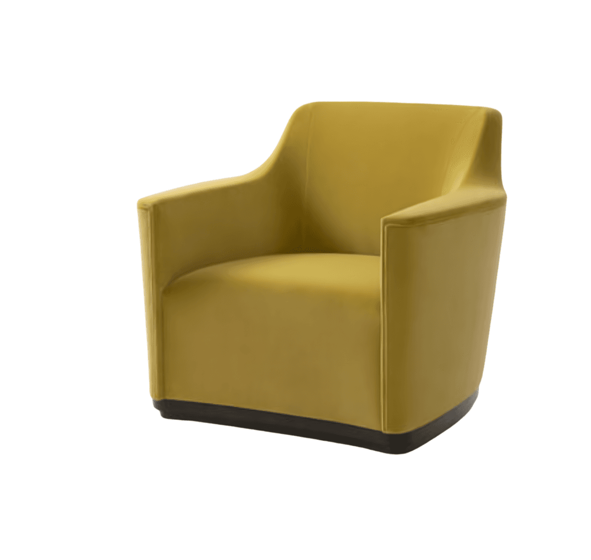 A contemporary armchair with a rounded, curved silhouette. It features integrated armrests that flow seamlessly into the backrest. The base is a dark, rounded plinth. The upholstery appears to be a matte fabric. — 3D model