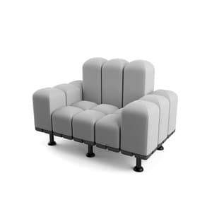 A modern, modular armchair with a unique, segmented design. The seat and backrest are composed of several rounded, vertically oriented cushions. The frame appears to be constructed from dark, possibly plastic or metal, components, supporting the upholstered cushions. It rests on short, cylindrical black legs. — 3D model