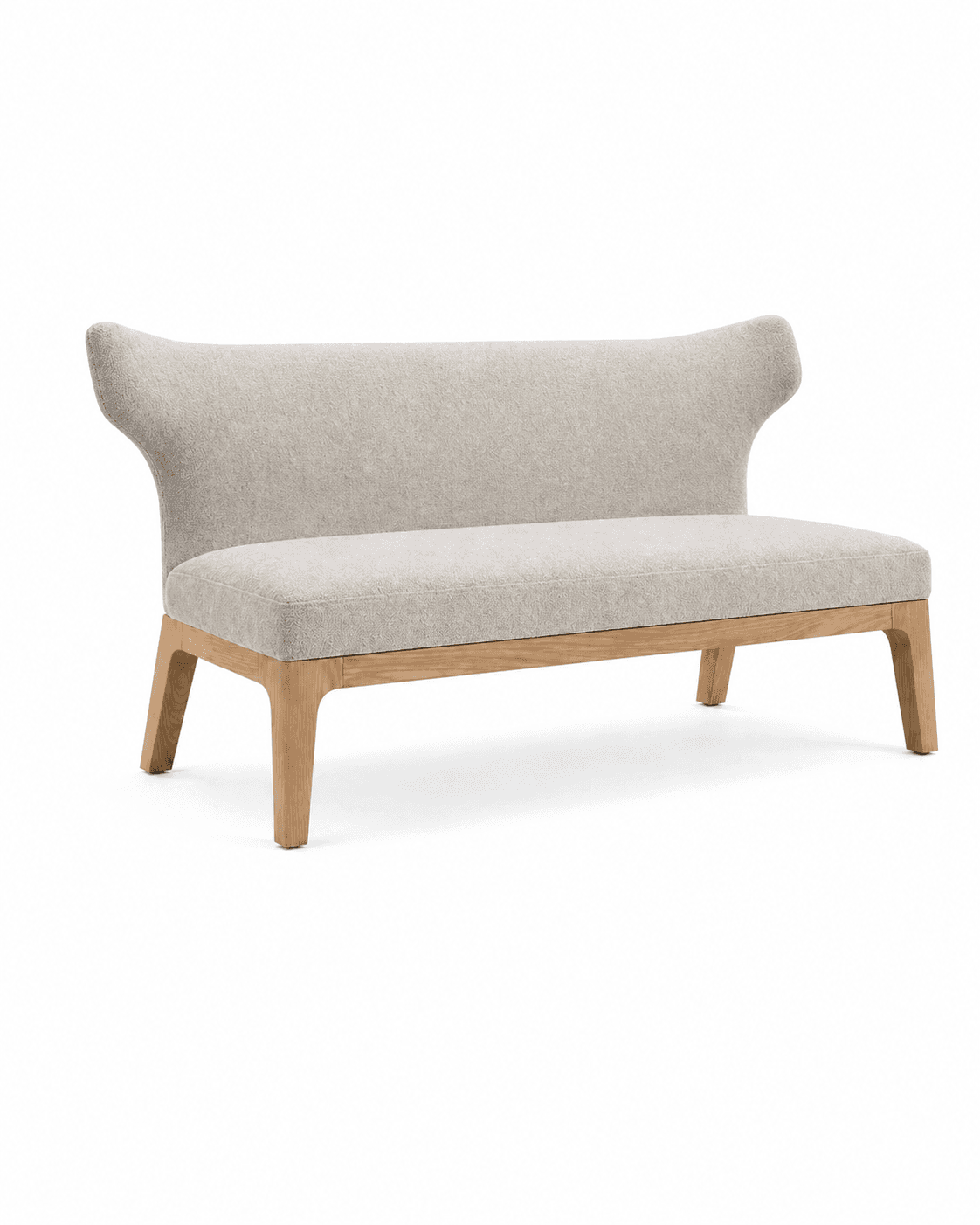 A modern upholstered two-seater settee with a light beige, textured fabric and an exposed, light-toned wooden frame, featuring a low backrest with subtly flared ends. — 3D model