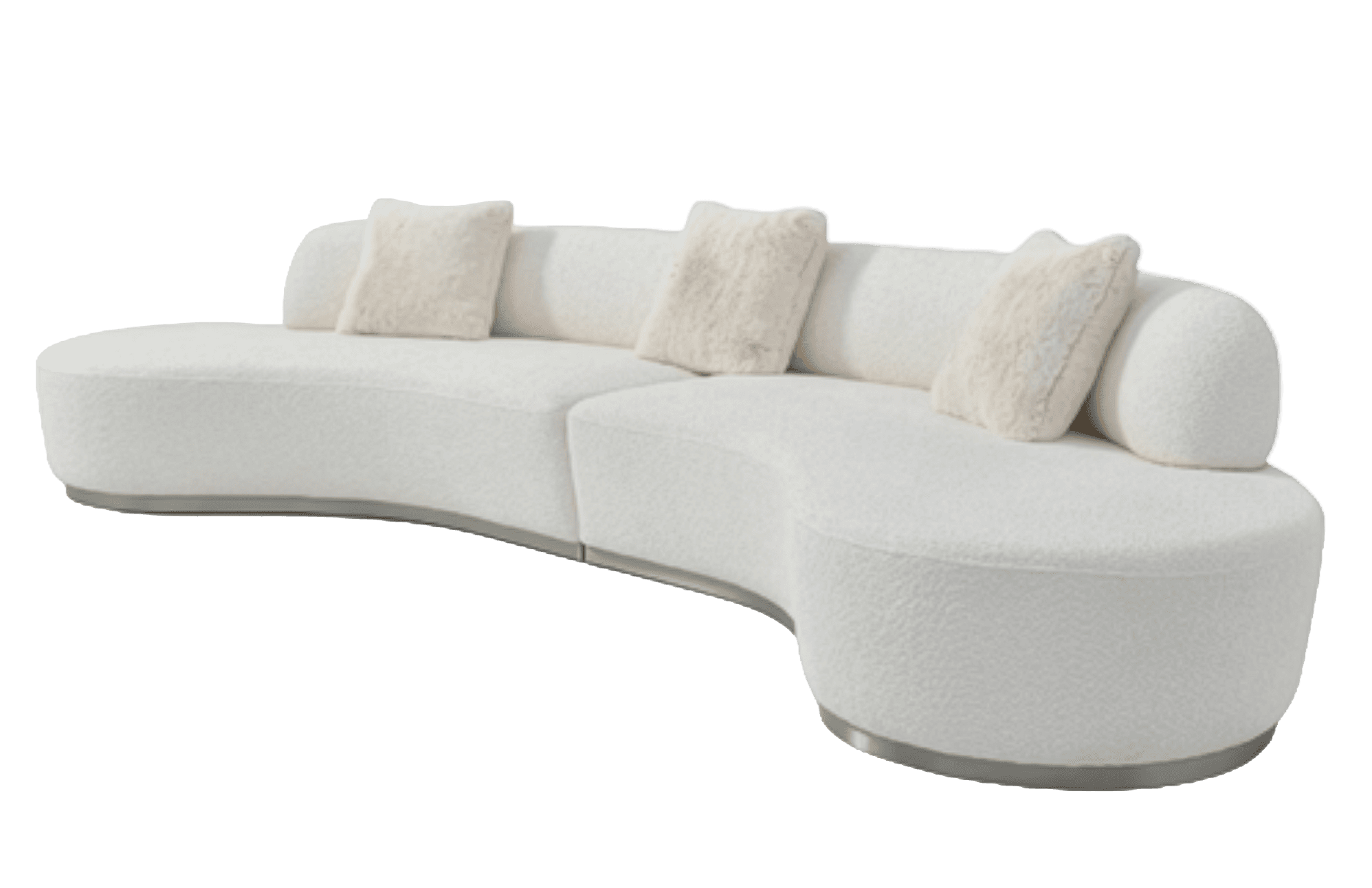 A contemporary, curved sofa with a textured white upholstery. It features a modular design, appearing to be composed of at least two sections that create an organic, serpentine shape. The sofa includes a low backrest and is adorned with three plush throw pillows, also in a light, neutral tone with a faux fur texture. A thin, metallic band circles the base of the sofa, providing a subtle accent. — 3D model