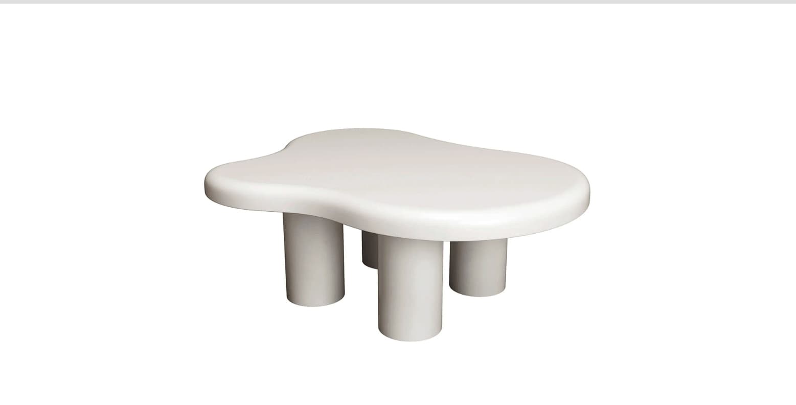 A low-profile coffee table with an organically shaped, amoeba-like tabletop supported by three cylindrical legs. The design is minimalist and modern. — 3D model