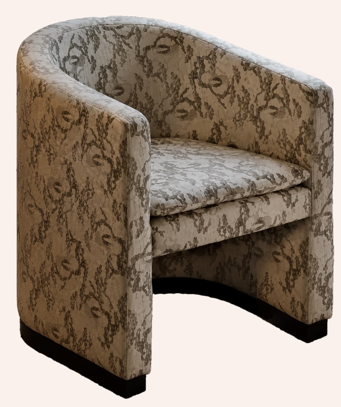 An upholstered tub chair featuring a continuous curved back and armrests, a removable seat cushion, and a decorative patterned fabric in shades of greige. The chair sits on a dark, subtly curved base. — 3D model