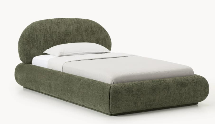 A modern, upholstered bed frame with a rounded, semi-circular headboard and a low-profile base. The headboard curves gently into the side rails. The upholstery has a textured finish and appears to be a soft fabric. — 3D model