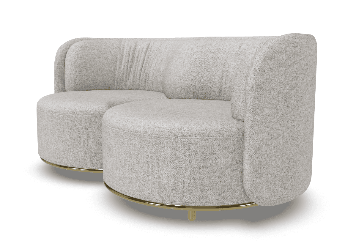 A curved, sectional sofa with rounded edges and a low profile. The upholstery appears to be a textured fabric. It has a distinct channel tufted backrest and is supported by a thin, metallic base with short legs. — 3D model