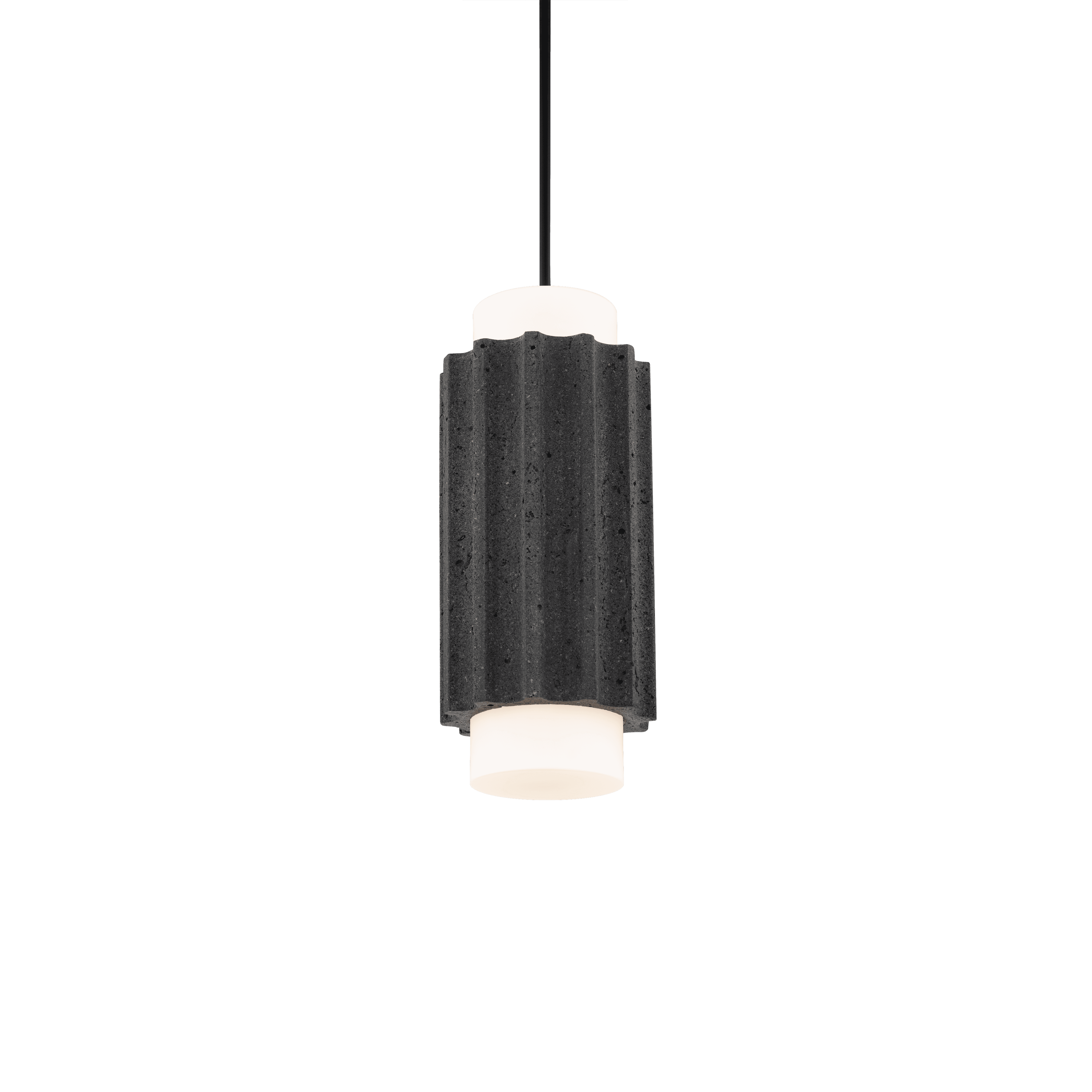 A contemporary cylindrical pendant light featuring a dark grey, corrugated outer shade that appears to be made from volcanic rock or a similar textured concrete material. Frosted white glass diffusers are present at both the top and bottom of the cylindrical body, providing both upward and downward light. The fixture is suspended by a simple black electrical cord. — 3D model