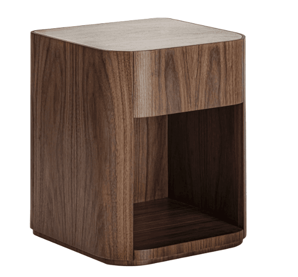 A modern nightstand featuring a dark walnut wood finish with smoothly rounded edges and a lighter-colored stone or stone-like top. It includes a recessed drawer with a curved cut-out handle and an open storage compartment beneath it. — 3D model