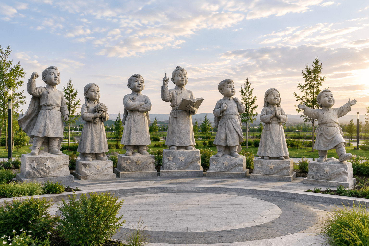 A set of seven outdoor granite sculptures, each depicting a child in a distinctive pose, arranged in a semi-circular formation on individual stone pedestals. The sculptures are uniformly light gray, with etched details for clothing and facial features, suggesting a contemporary or modern style of public art. The children are shown with various expressions and gestures, such as raising a fist, holding flowers, reading a book, or gesturing outwards. They are situated in a well-maintained park setting with green grass, young trees, and a paved circular area in the foreground. — 3D model