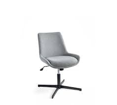 A light grey upholstered office chair with a five-star base and a central pedestal. The chair features a curved backrest that extends into armrests and a separate seat cushion. The base is made of black material and has five legs, and the central column appears to have height adjustment functionality. — 3D model