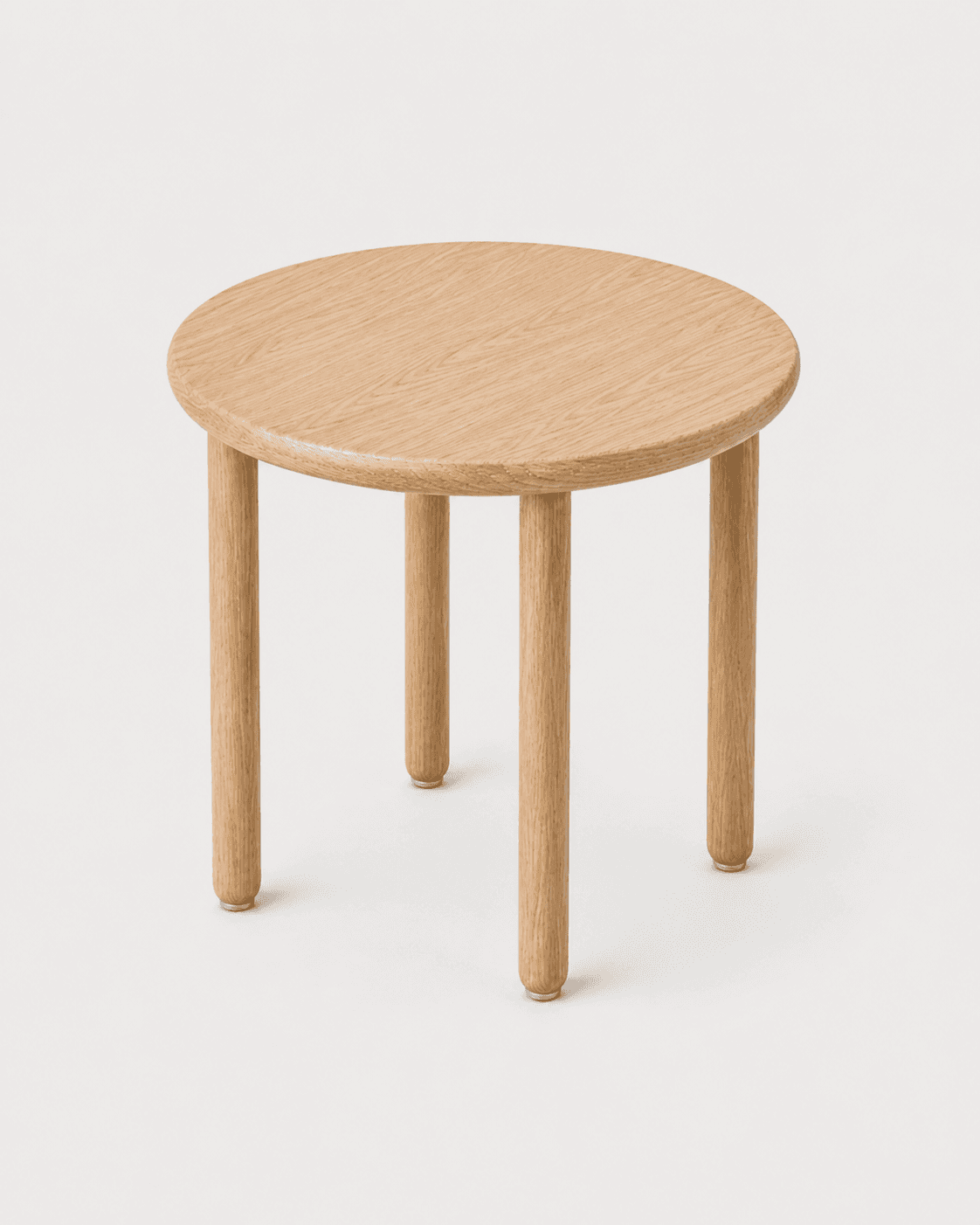 A minimalist round stool crafted from natural oak wood, featuring a circular seat and four cylindrical legs. The wood has a light, natural finish that highlights its grain. The legs are slightly tapered and have small metal glides at the bottom. The design is simple, clean, and functional. — 3D model