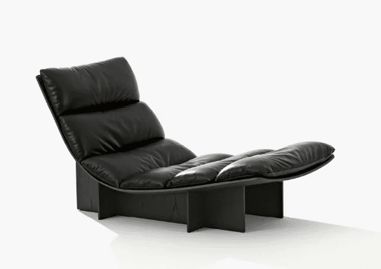 A modern chaise lounge featuring a black padded, segmented design, supported by a low-profile, dark-stained wooden base. The upholstery appears to be black leather, providing a sleek and comfortable appearance. The design emphasizes ergonomic relaxation with its continuous, reclined form. — 3D model