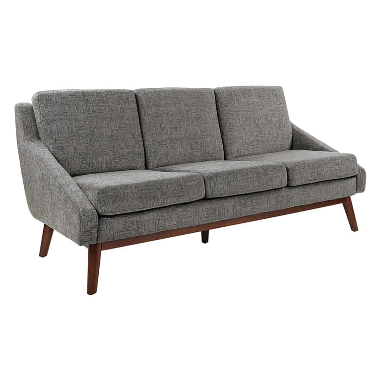 A gray upholstered three-seater sofa with a mid-century modern design, featuring a visible wooden base frame and tapered legs. — 3D model