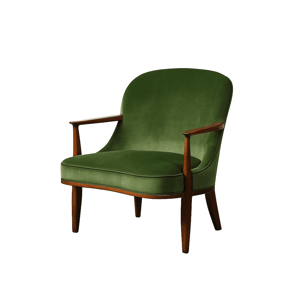 A mid-century modern armchair featuring a deep green velvet upholstery. The chair has a curved backrest that flows into armrests supported by a wooden frame. The base consists of four tapered wooden legs. The upholstery has a visible seam detail around the edges. — 3D model