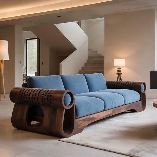 A modern three-seater sofa featuring a distinctive dark wood frame with intricately carved details on the armrests and a curvilinear base. The sofa is upholstered with plush blue fabric cushions for the seat and backrests. — 3D model