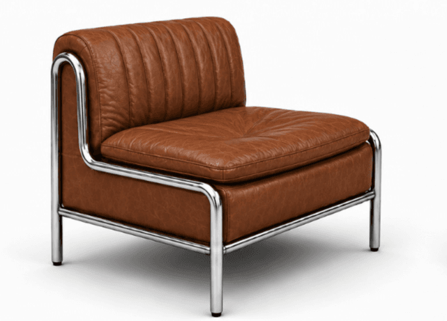 A modern lounge chair featuring a sturdy tubular chrome frame and luxurious brown leather upholstery. The design includes a deep, tufted seat cushion and an integrated channel-tufted backrest, suggesting a blend of comfort and contemporary style. The exposed metal frame forms the arms, legs, and support structure, creating a sleek, minimalist aesthetic. — 3D model