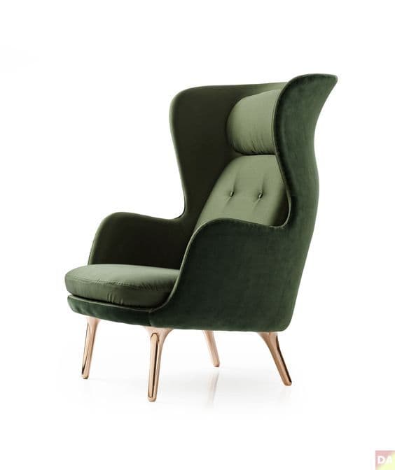 An elegant contemporary wingback lounge chair upholstered in a rich emerald green velvet fabric. The chair features a high back with distinctive 'wings' that curve forward, and a separate, integrated headrest pillow. The backrest has subtle button tufting. It rests on four slender, tapered legs with a polished rose gold or brass finish, providing a modern contrast to the plush upholstery. — 3D model