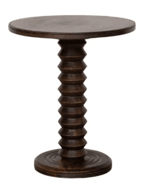 A dark wood side table with a circular top and a pedestal base. The pedestal has a distinctive segmented design resembling stacked beads or bobbins, with multiple horizontal grooves creating a textured appearance. The base is flat and circular, also featuring concentric circular detailing. — 3D model